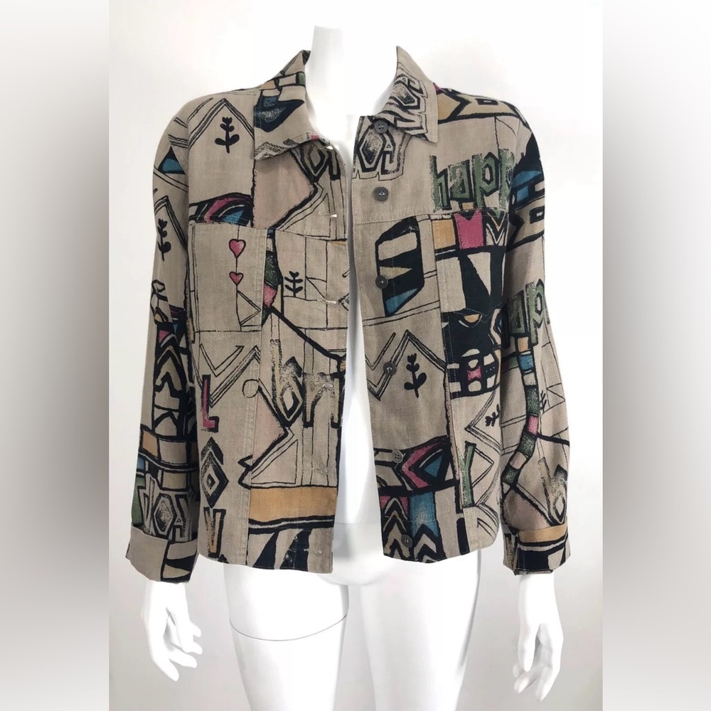 Chico's Linen Jacket LOVE HAPPY JOY Abstract Graffiti